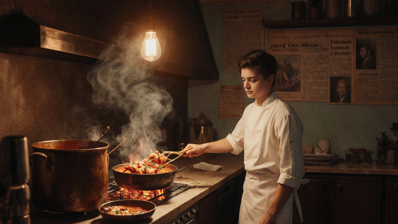 1960s British Indian kitchen with chef grilling chicken and stirring tomato‑cream sauce.