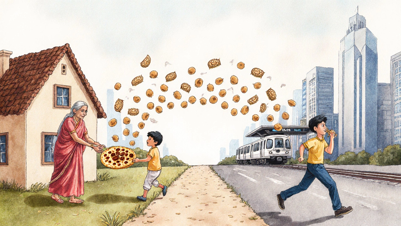 A symbolic journey from village to city through the shared tradition of a simple breakfast.