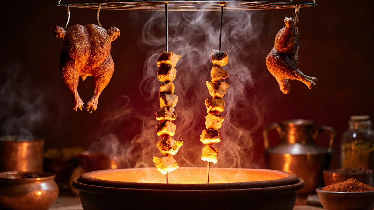 Clay tandoor oven cooking chicken tikka on skewers and whole chicken on a rack, with smoke rising.