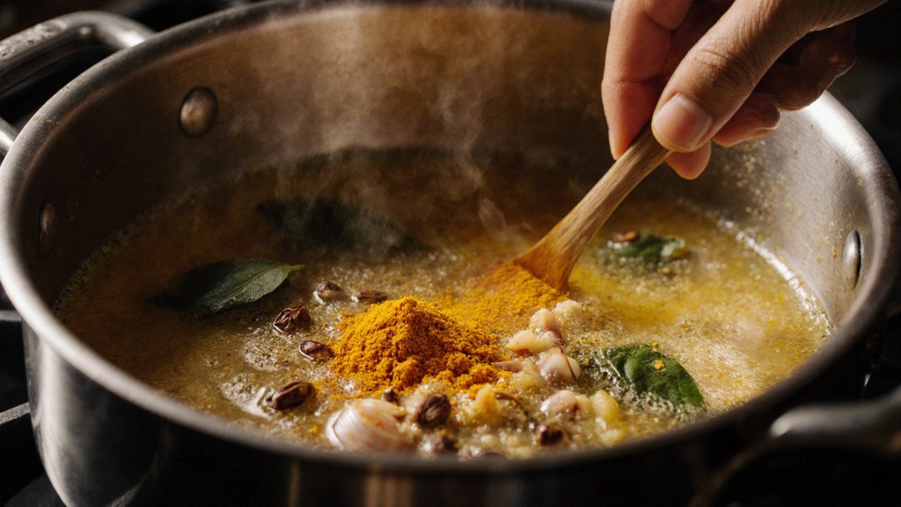 Close‑up of a pot with sizzling ghee, cumin seeds, curry leaves, ginger, garlic, and turmeric.