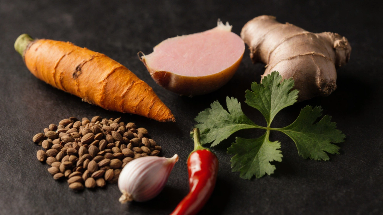 Close‑up of turmeric, ginger, cumin, coriander, garlic, and chili arranged on a dark surface.