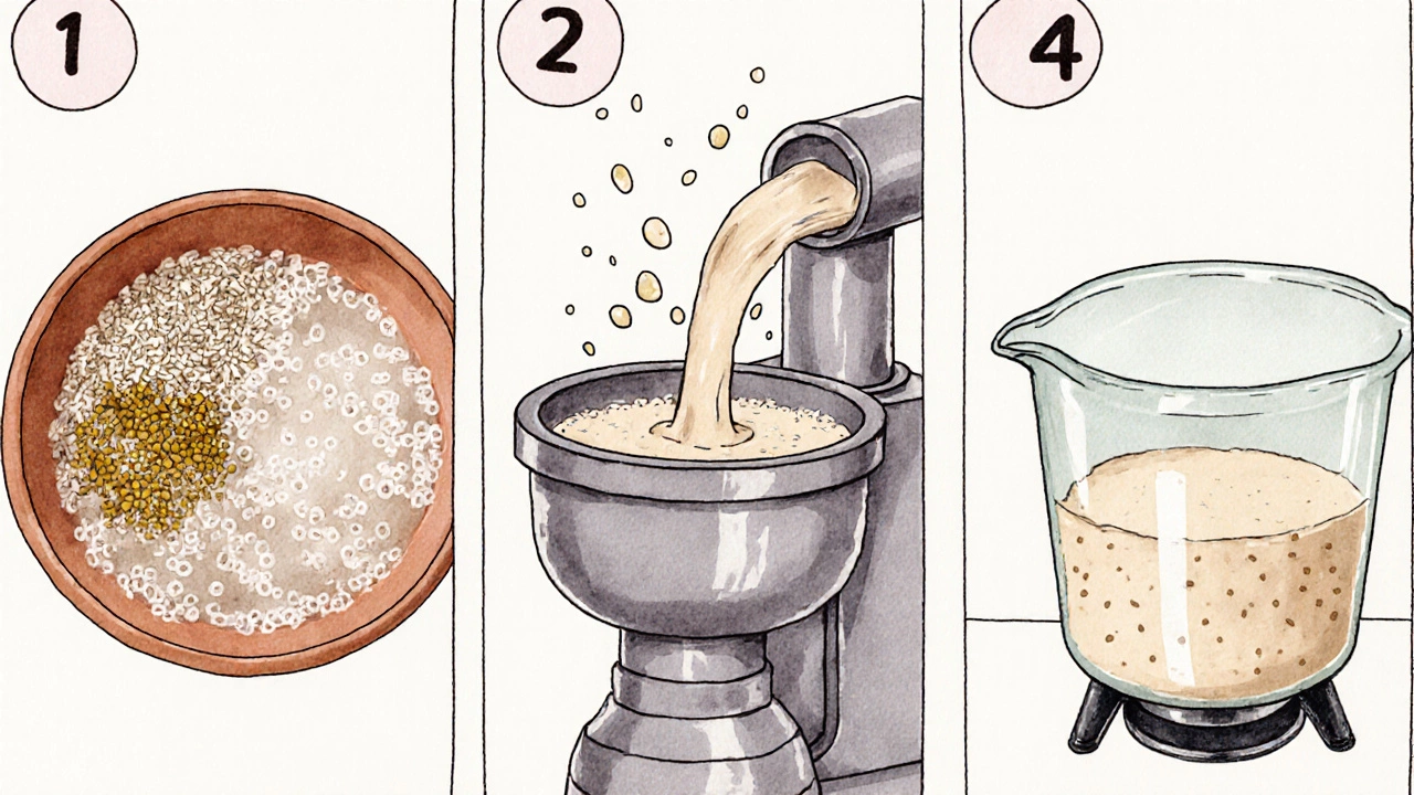 Collage showing soaking grains, wet grinding, and fermenting batter with bubbles forming.