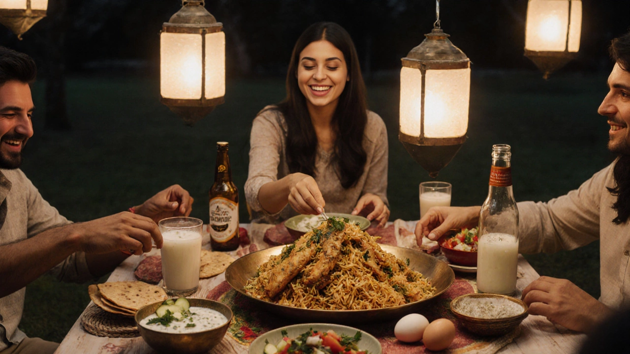 Family dinner setup with biryani, raita, salad, eggs, and drinks.