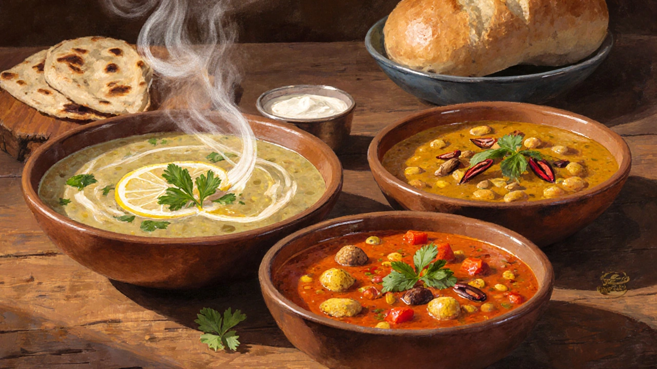 Family table with three bowls of quick‑cook dal dishes and naan.