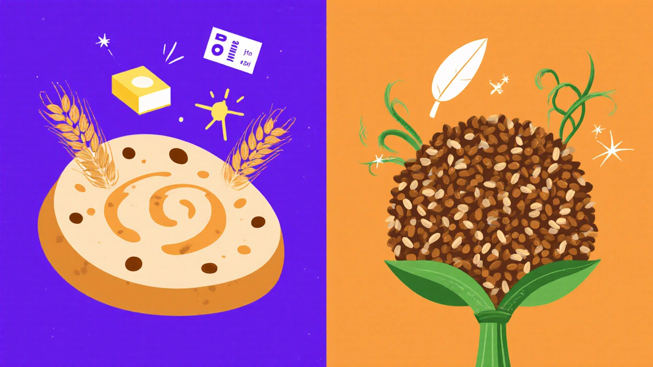 Flat illustration contrasting naan&#039;s protein and calories with brown rice&#039;s fiber and low calories.