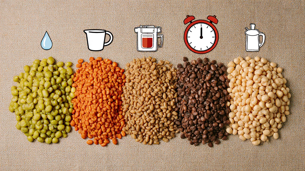 Flat‑lay of five dal types with water droplets and cooking icons.