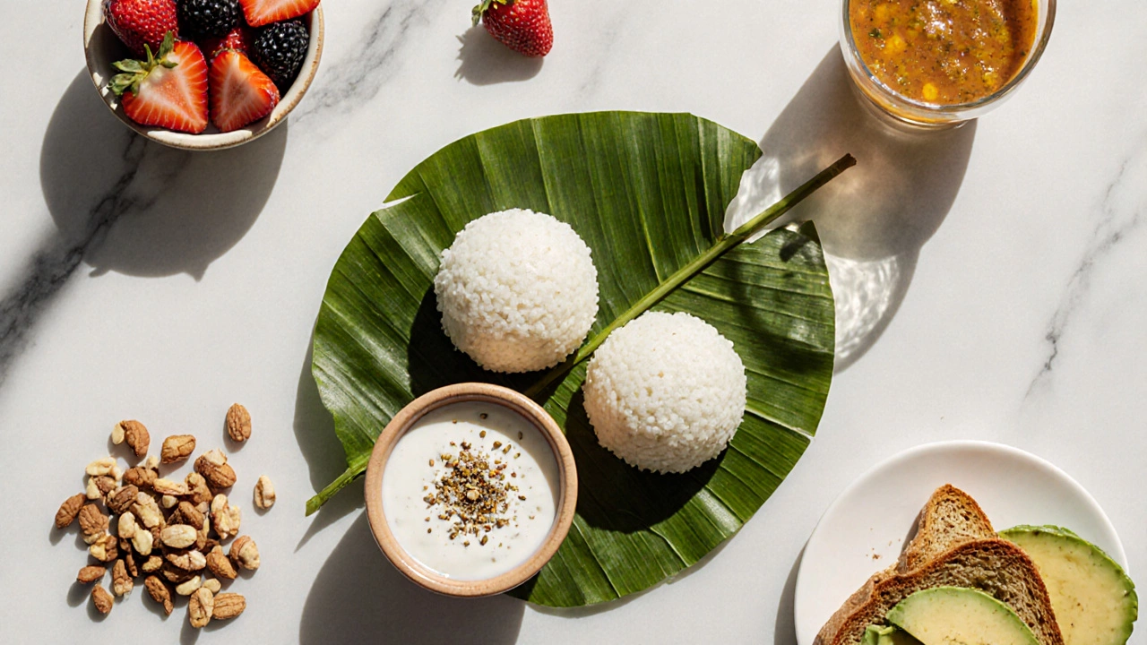 Flat lay of idli, sambar, yogurt, nuts, berries, and avocado toast on a marble surface.