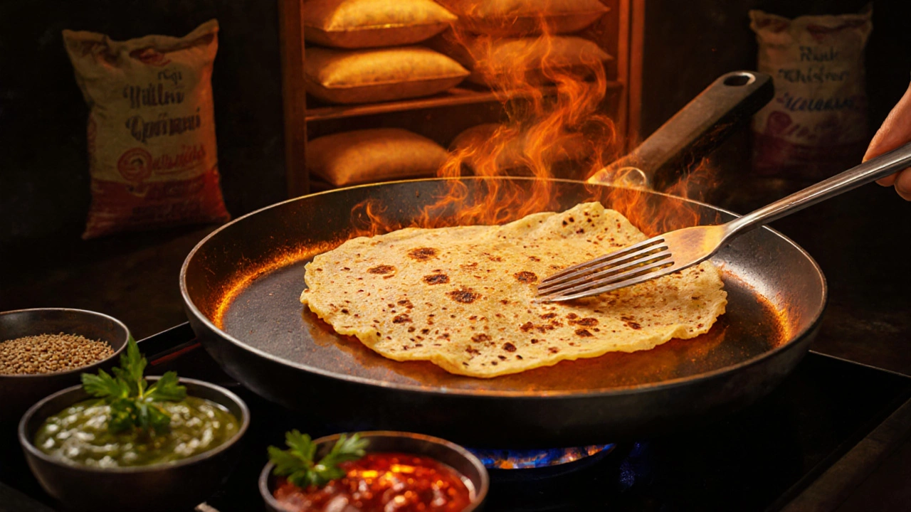Golden crisp dosa on a griddle with sambar, chutney, and alternative flours displayed nearby.