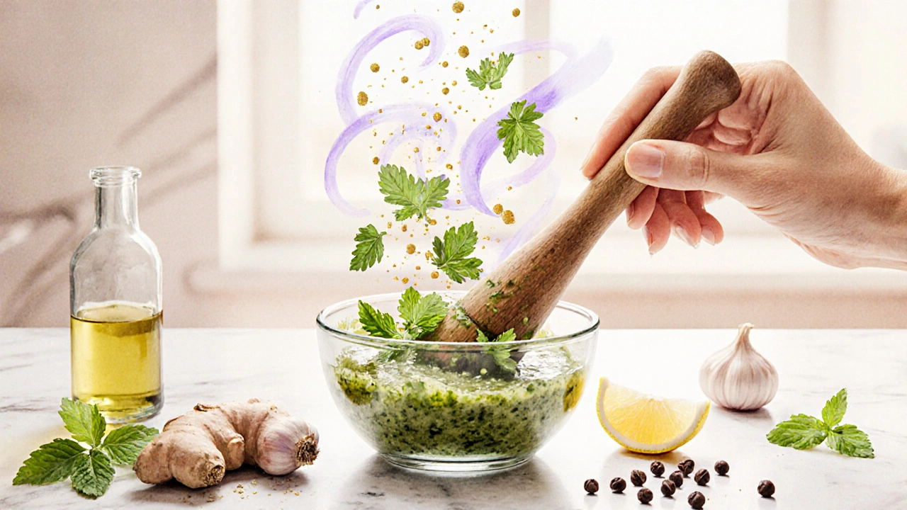 Hand blending fresh cilantro‑mint chutney with glowing specks indicating health benefits.