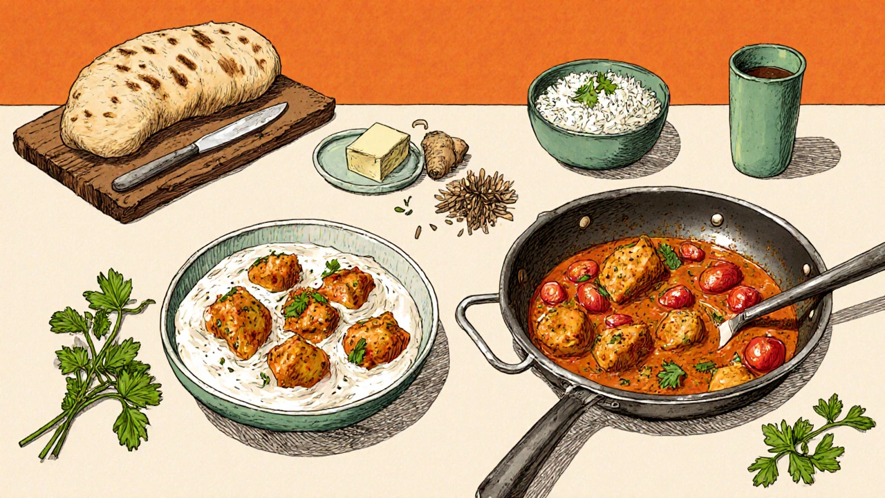 Home kitchen countertop with marinated chicken, simmering sauce, and side dishes ready.