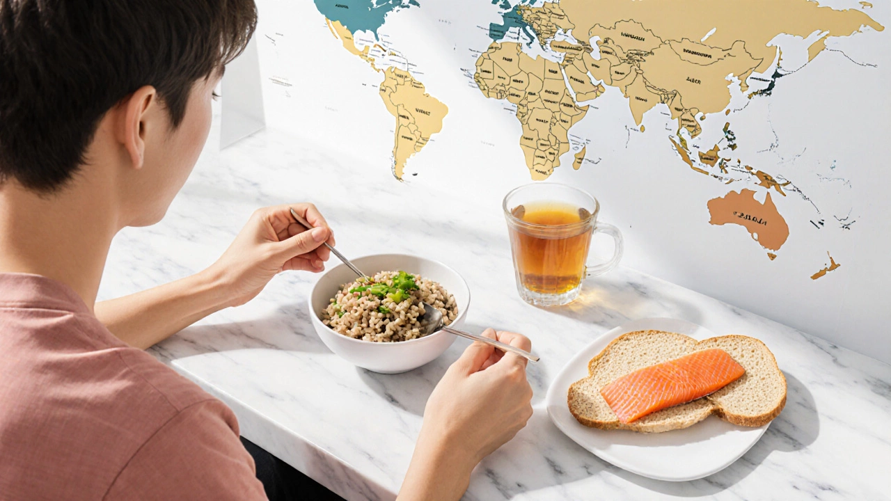 Illustration of a hybrid breakfast combining elements from Japan, Sweden, and the Mediterranean.