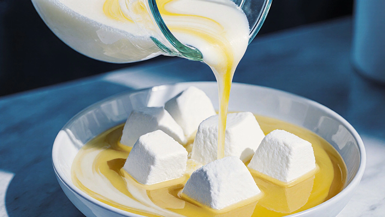 Illustration of milk curdling into white curds and yellow whey as lemon juice is added.
