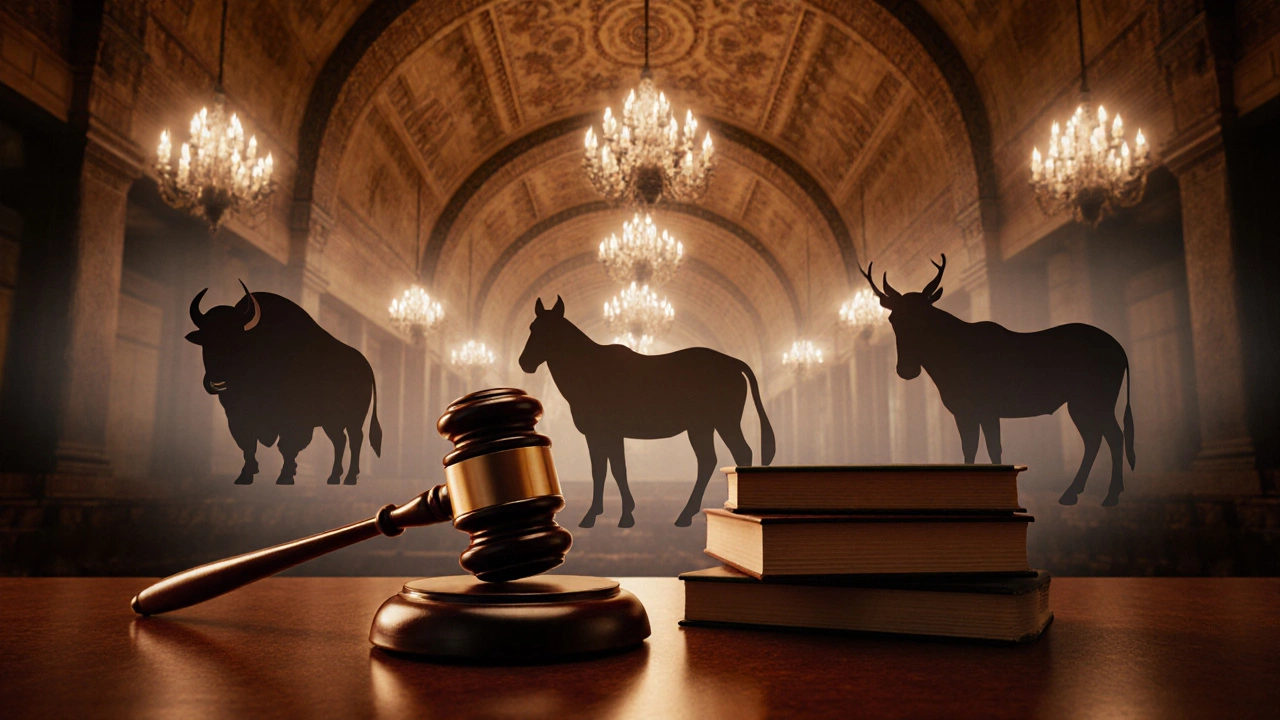 Indian courtroom with gavel, law books, and faint meat silhouettes indicating legal restrictions.