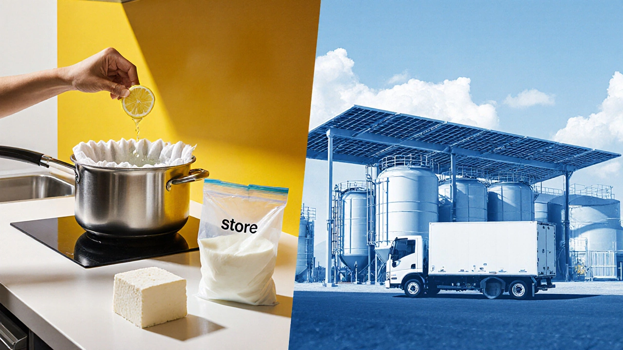 Kitchen scene of homemade paneer beside a futuristic refrigerated dairy plant.