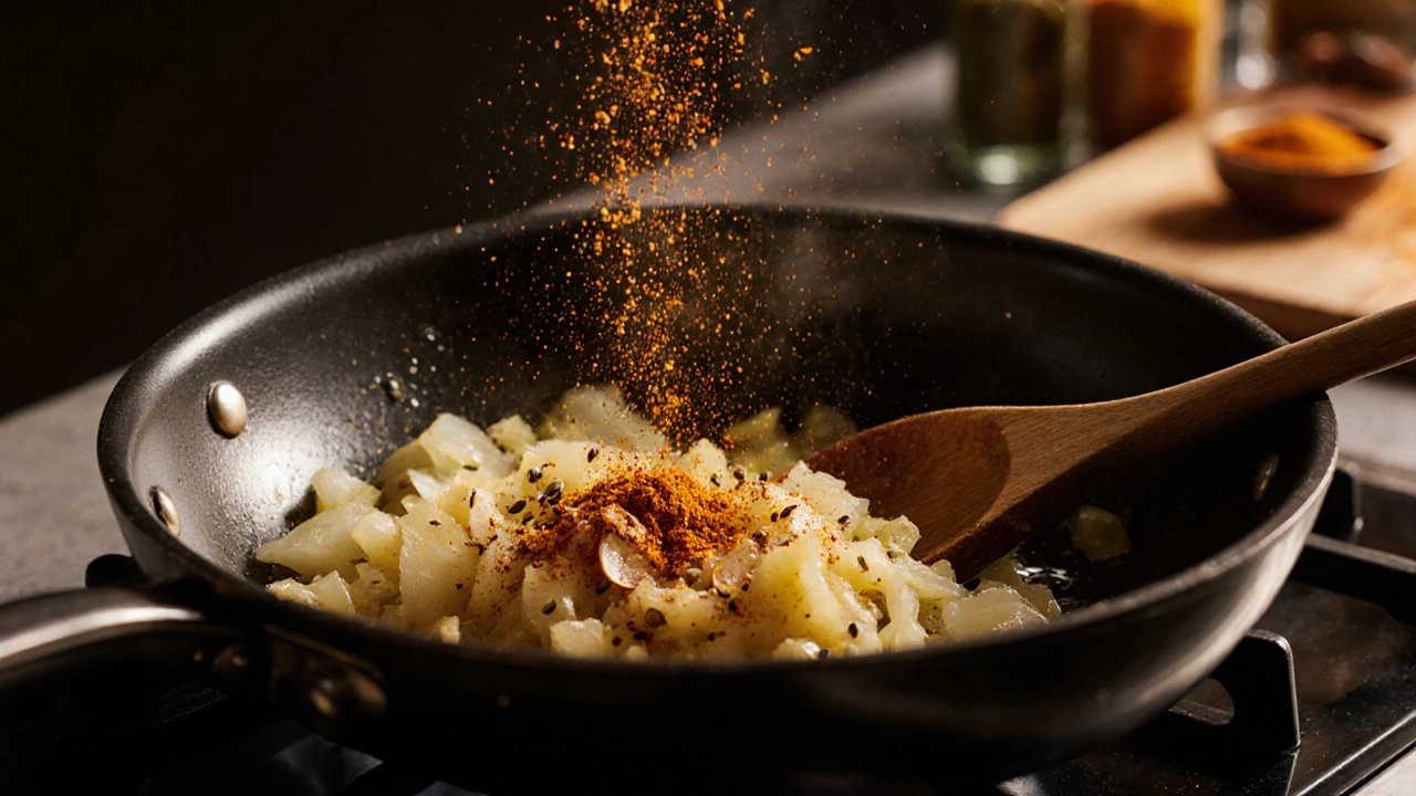 Overhead view of a pan with sizzling ghee, mustard seeds, onions, garlic, ginger, and spices.