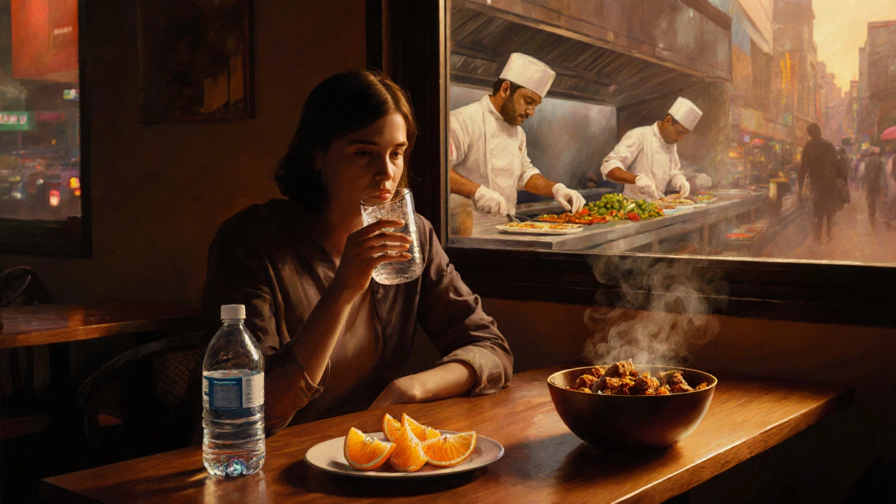 Relaxed diner drinking bottled water, eating peeled fruit and hot kebab in a clean restaurant.