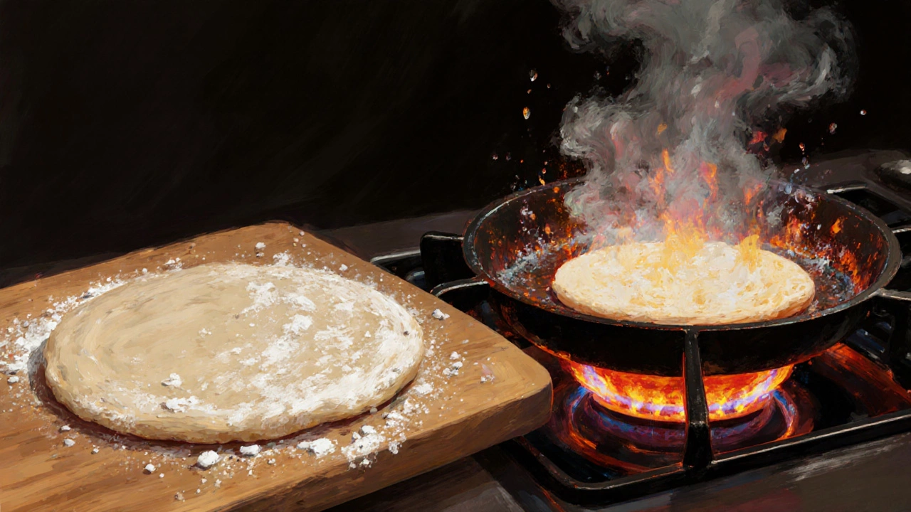Rolled roti cooking on a hot tawa, puffing with steam.