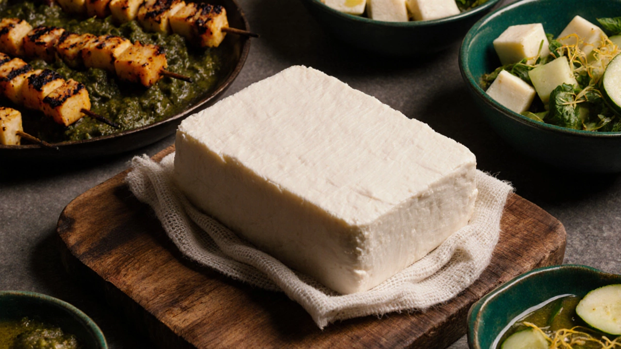 Rustic platter with homemade paneer block, paneer tikka, saag paneer, and cucumber salad.