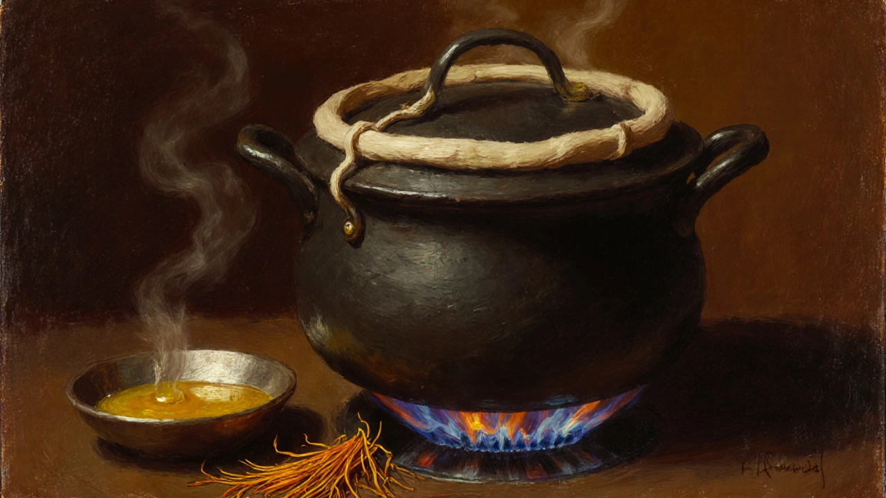 Sealed pot with steam, saffron, and ghee ready for the dum step.