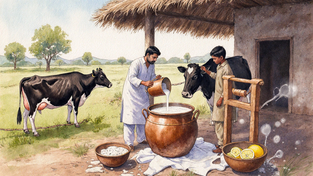 Small Indian dairy farm showing cows, milking, milk curdling with lemon, and pressing.
