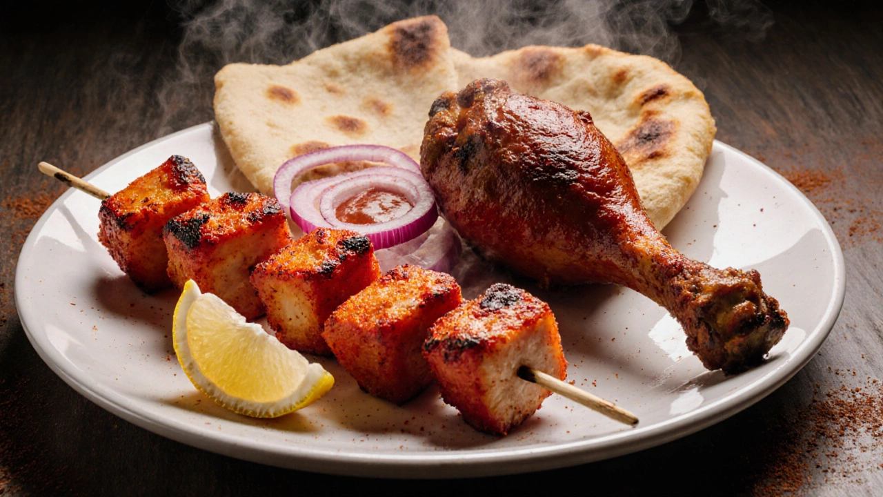 Split plate showing chicken tikka cubes and whole tandoori chicken drumstick with accompaniments.