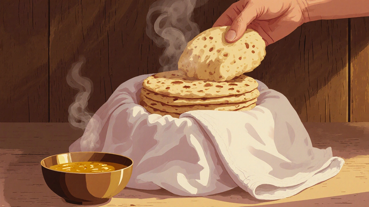 Stack of fluffy rotis covered by a towel beside a bowl of curry.