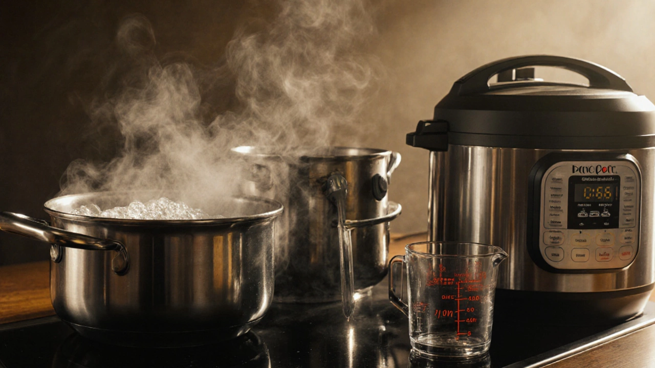 Stovetop pot, pressure cooker, and rice cooker showing boiling stages.