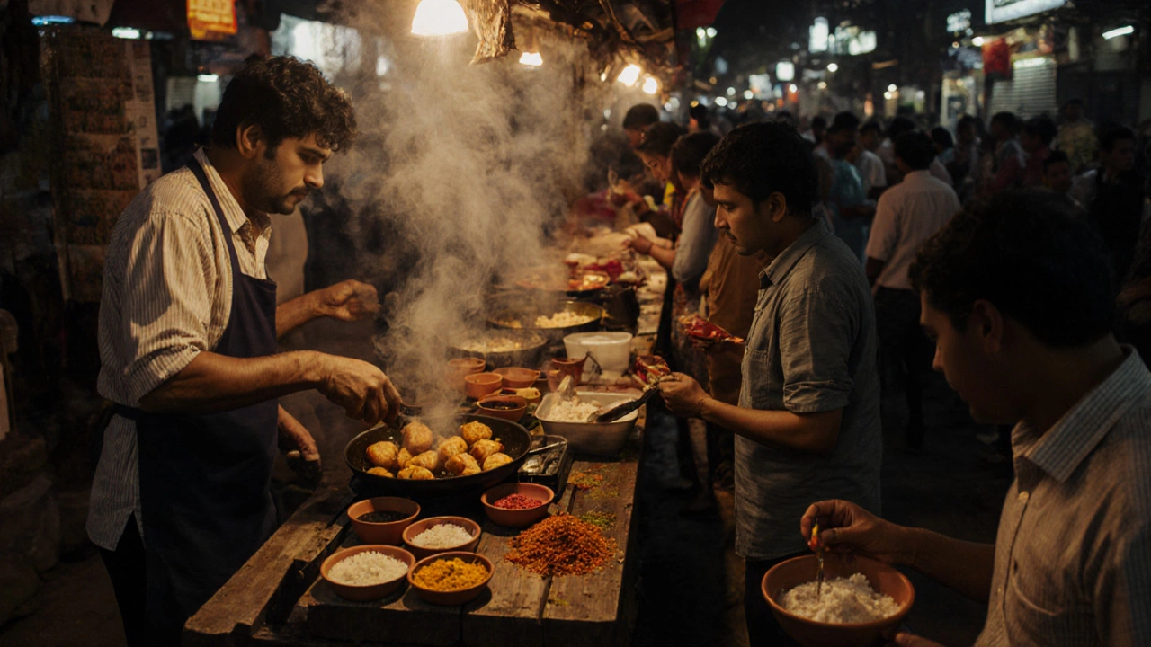 Street vendor frying samosas and serving pani puri at a bustling Mumbai stall