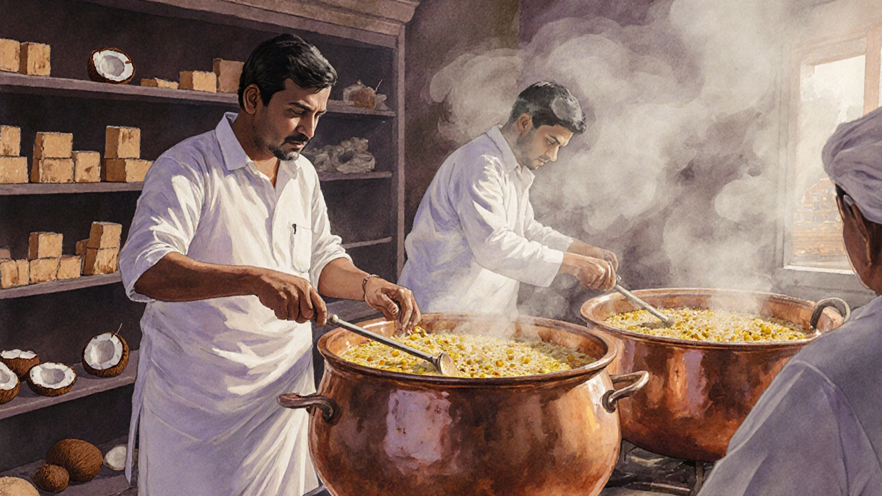 Temple volunteers cooking dal khichdi in copper pots with steam rising in morning light