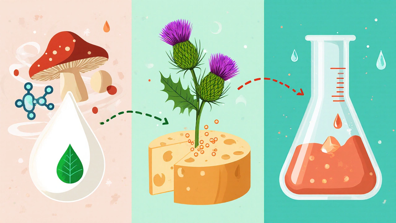 Three-panel illustration showing microbial, vegetable, and lab‑made rennet sources with icons and cheese motifs.