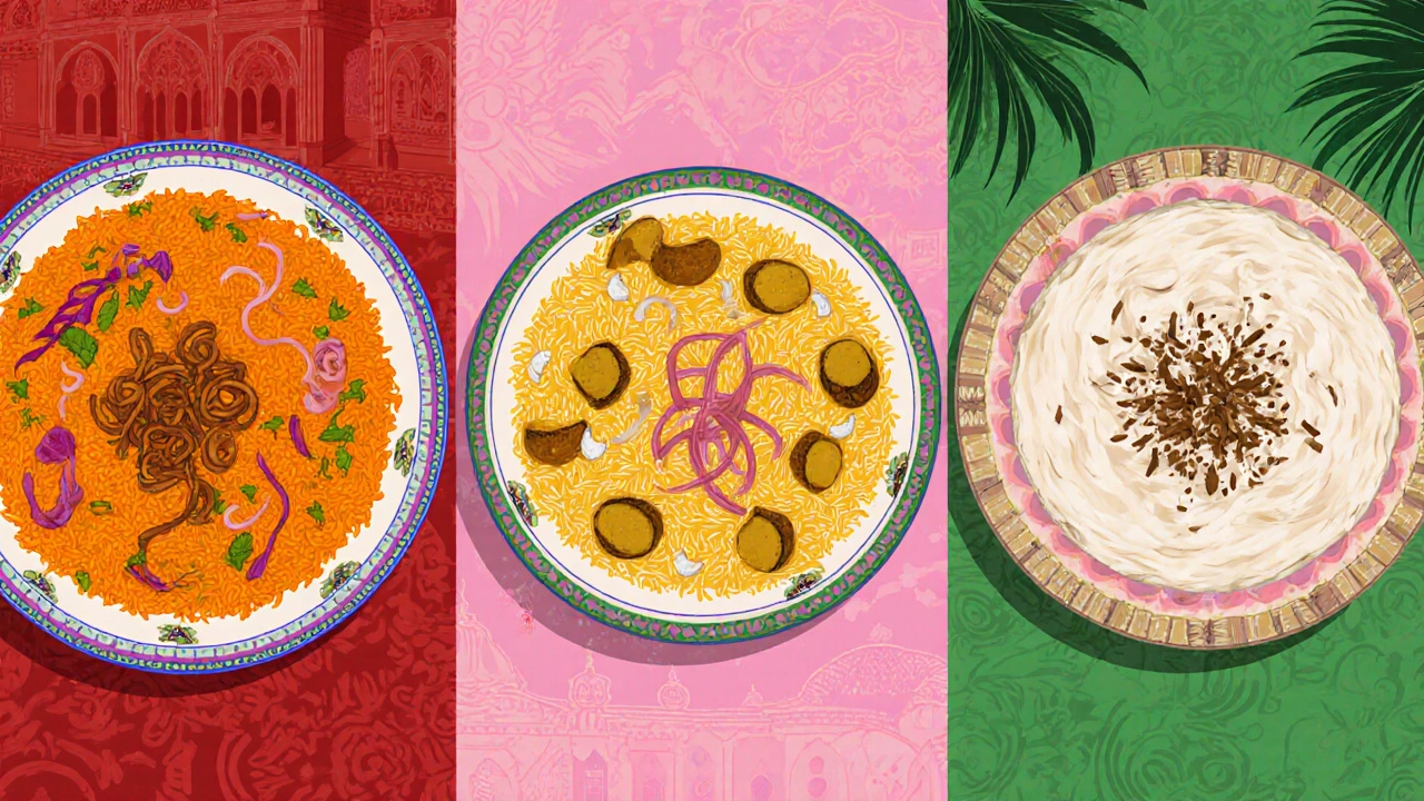 Three plates showing Hyderabadi, Kolkata, and Malabar biryani variations.