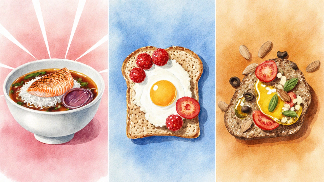 Three watercolor panels showing Japanese, Swedish, and Mediterranean healthy breakfasts.