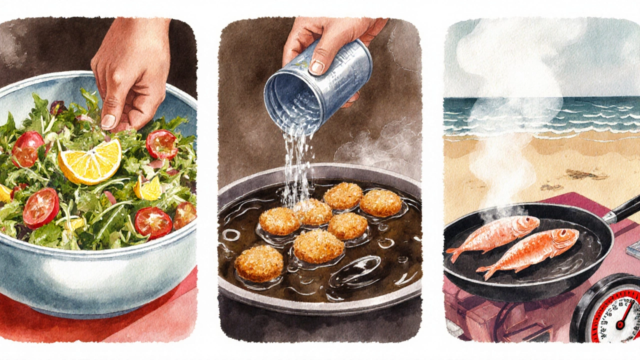 Triptych watercolor showing contaminated salad, reused oil for fried snacks, and undercooked seafood.
