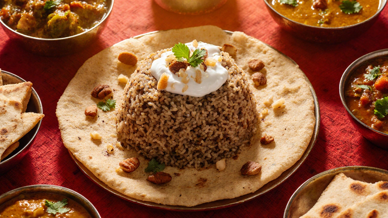 Vibrant thali showing rice‑over‑roti with raita, sabzi, and festive garnishes.