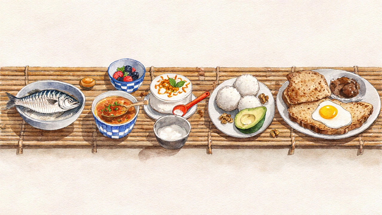 Watercolor lineup of Japanese, Swedish, Greek, Indian, and Australian breakfast dishes on a bamboo table.
