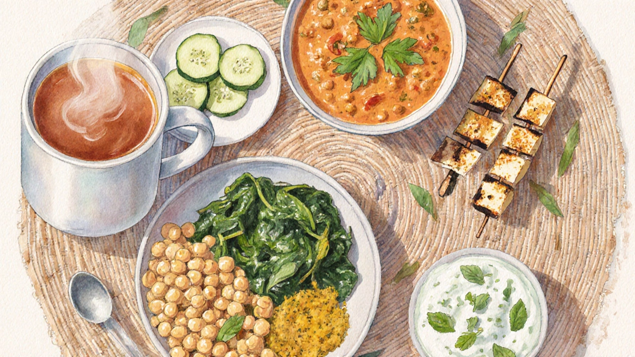 Watercolor of a meal with tea, cucumber, dal, spinach, chickpeas, and paneer on a table.