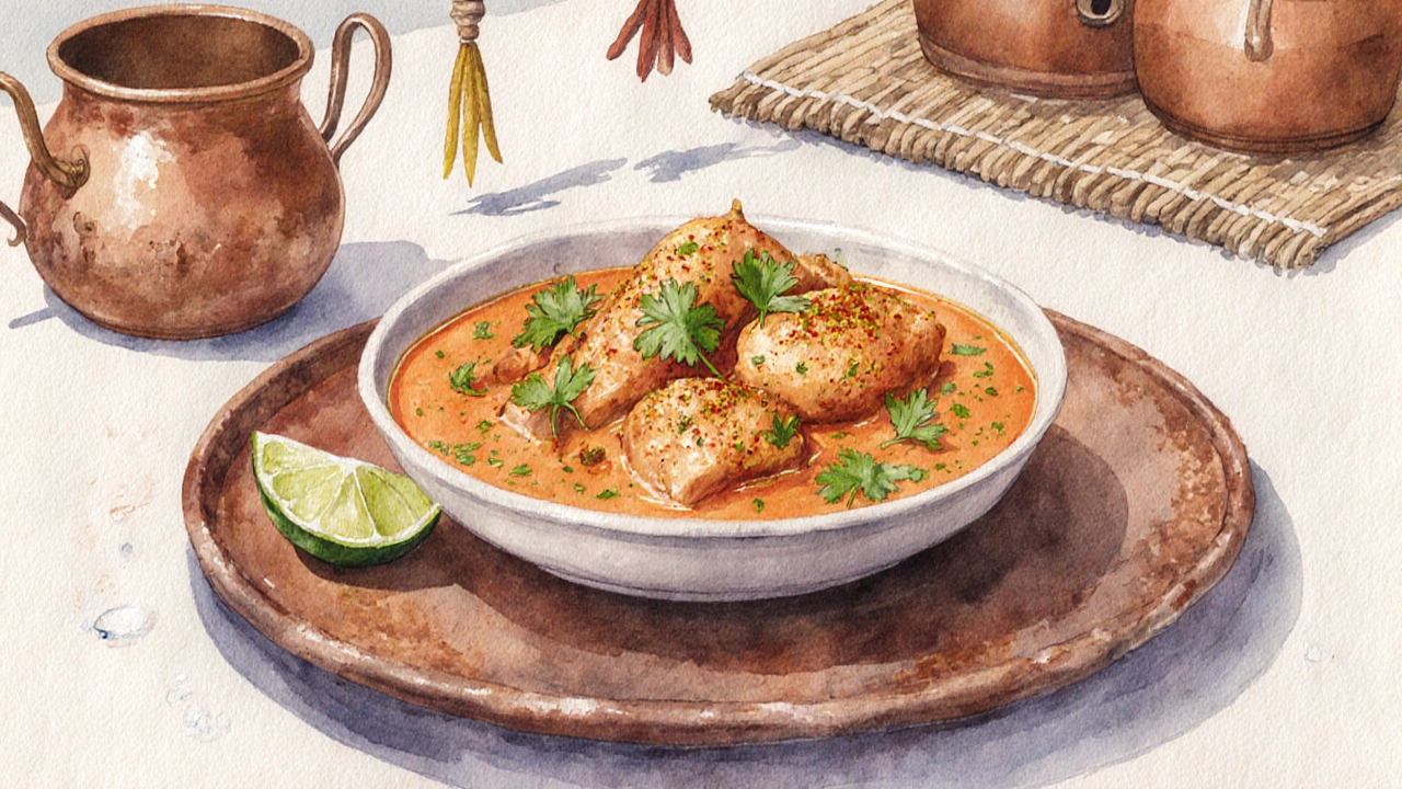 Watercolor of chicken curry in a bowl, garnished with cilantro, garam masala, and lime.