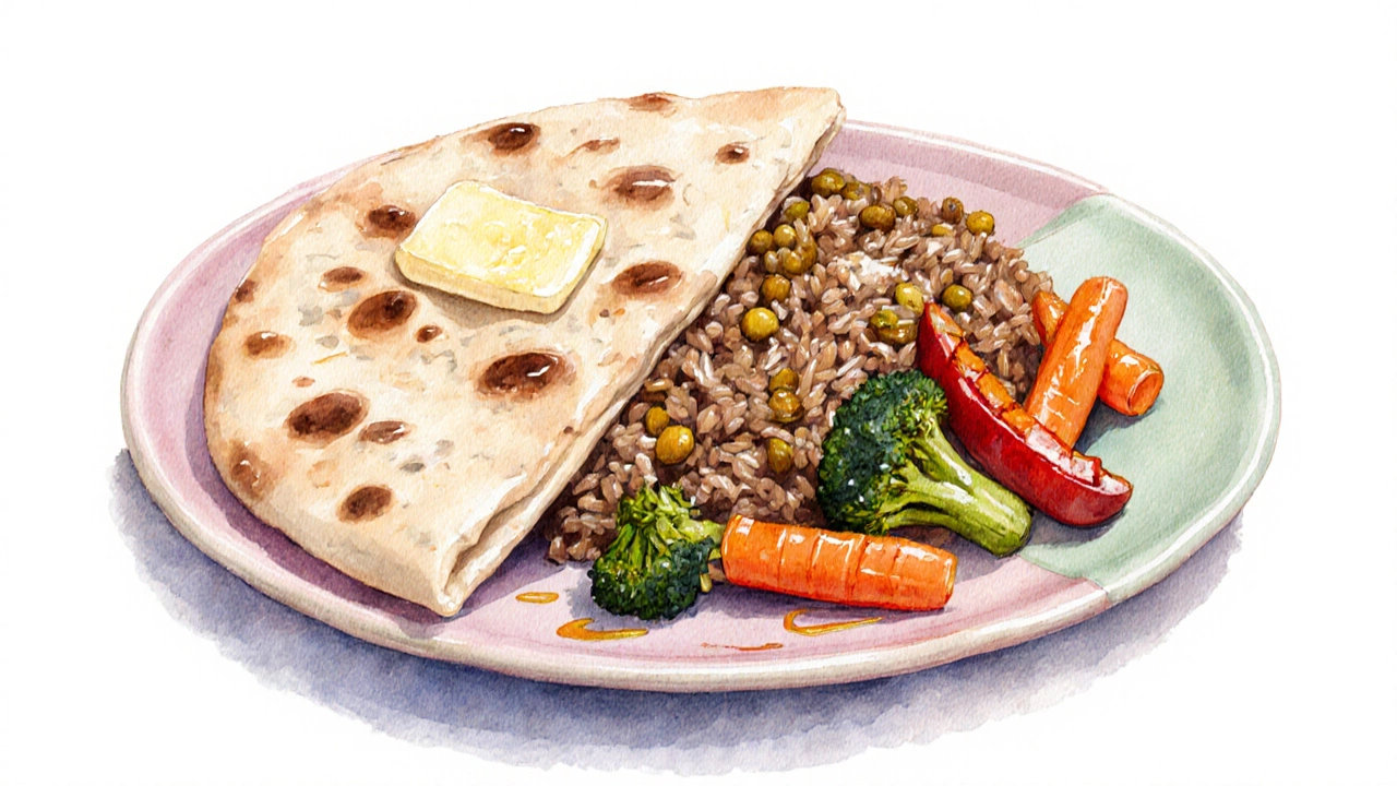 Watercolor of naan and brown rice with lentils and colorful roasted vegetables on a plate.