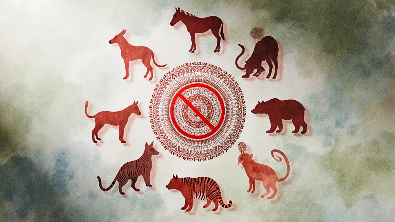 Watercolor of prohibited animals with red overlays representing banned meats.