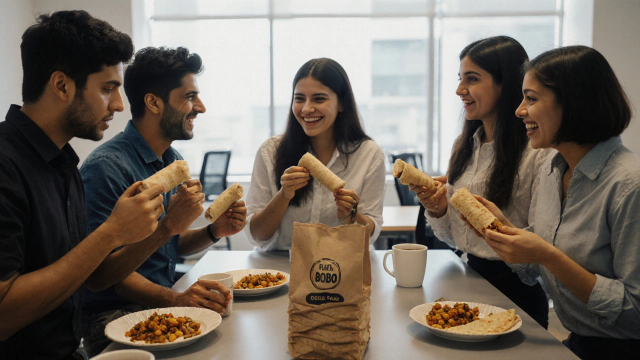 Young coworkers sharing simple Bobo breakfasts in a busy office kitchen.