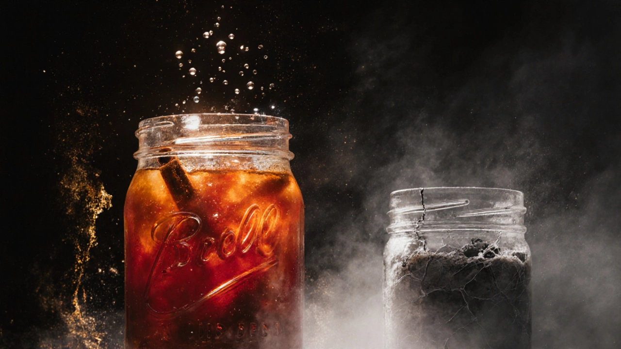 A jar of chutney as a fortified safe haven against mold and bacteria, symbolic contrast.