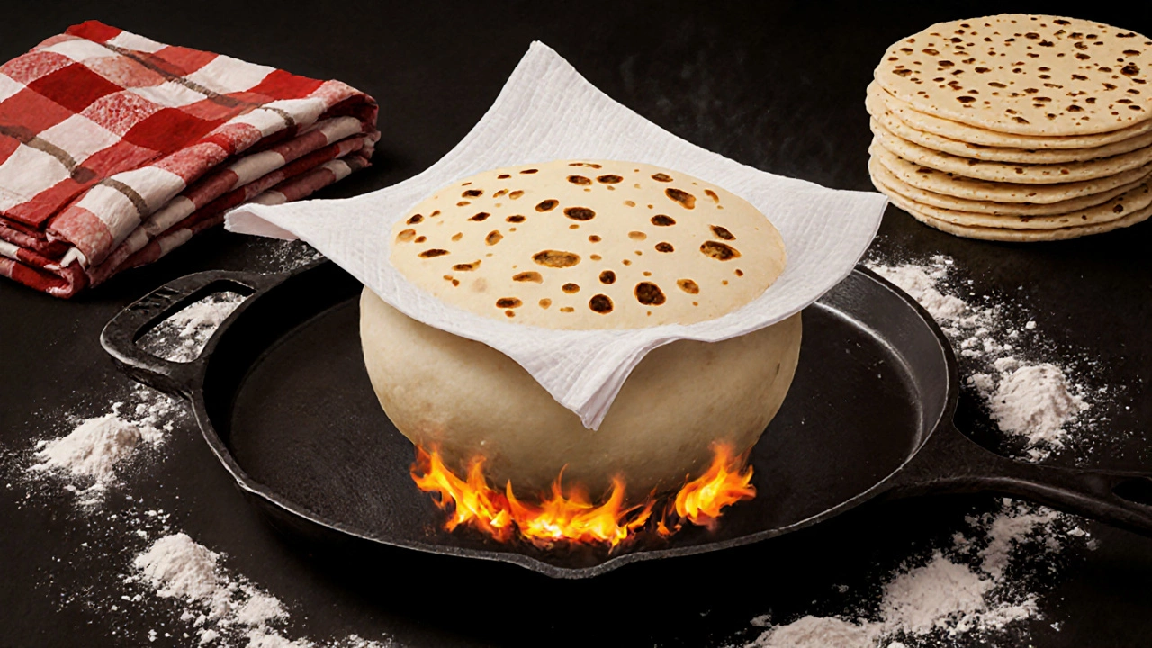 A roti puffing up on a hot griddle with steam and golden spots visible.