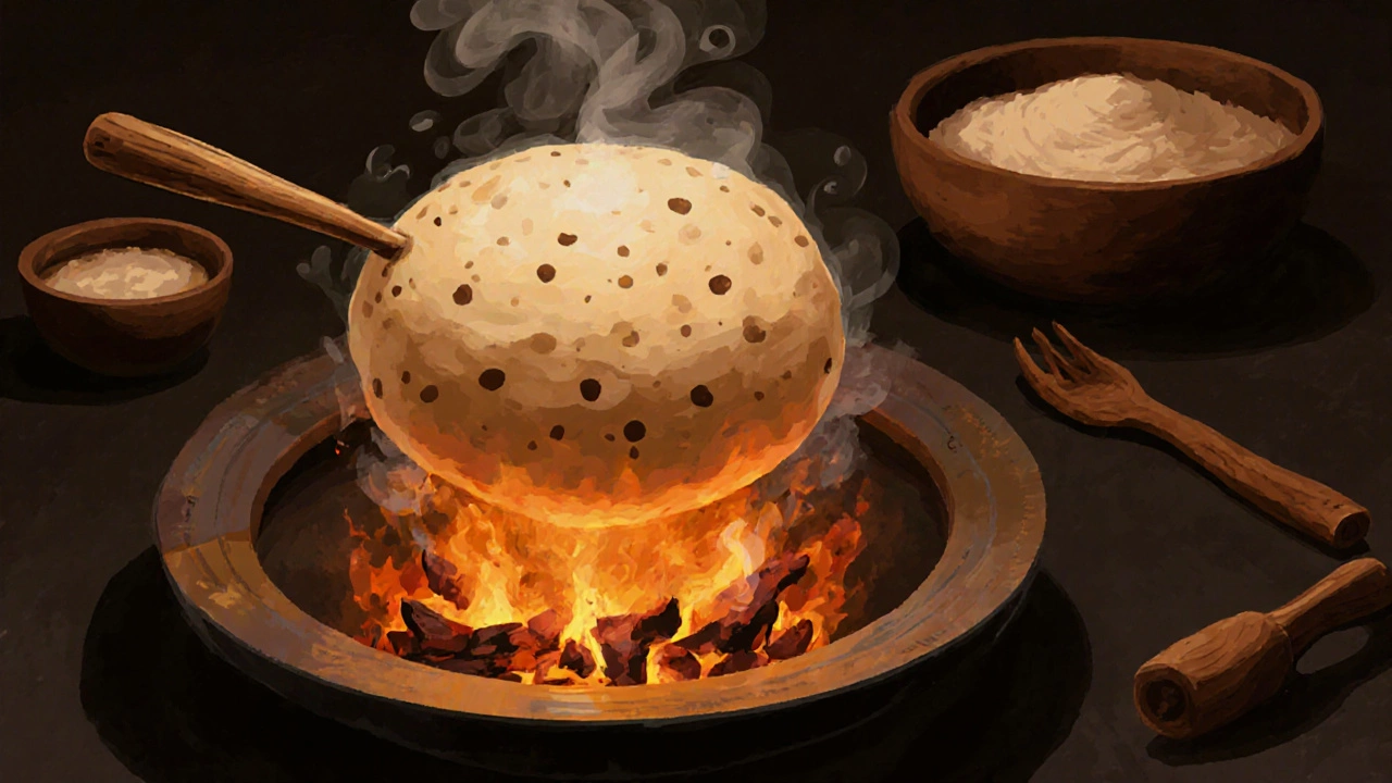 A roti puffing up over an open flame on a traditional tawa, with glowing embers below.