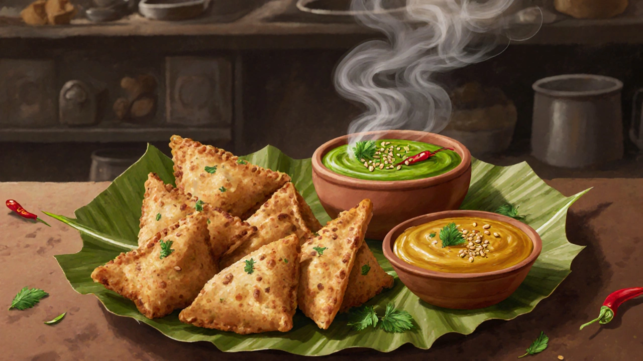 Banana leaf plate with samosas and dosas beside bowls of green and tamarind chutney.