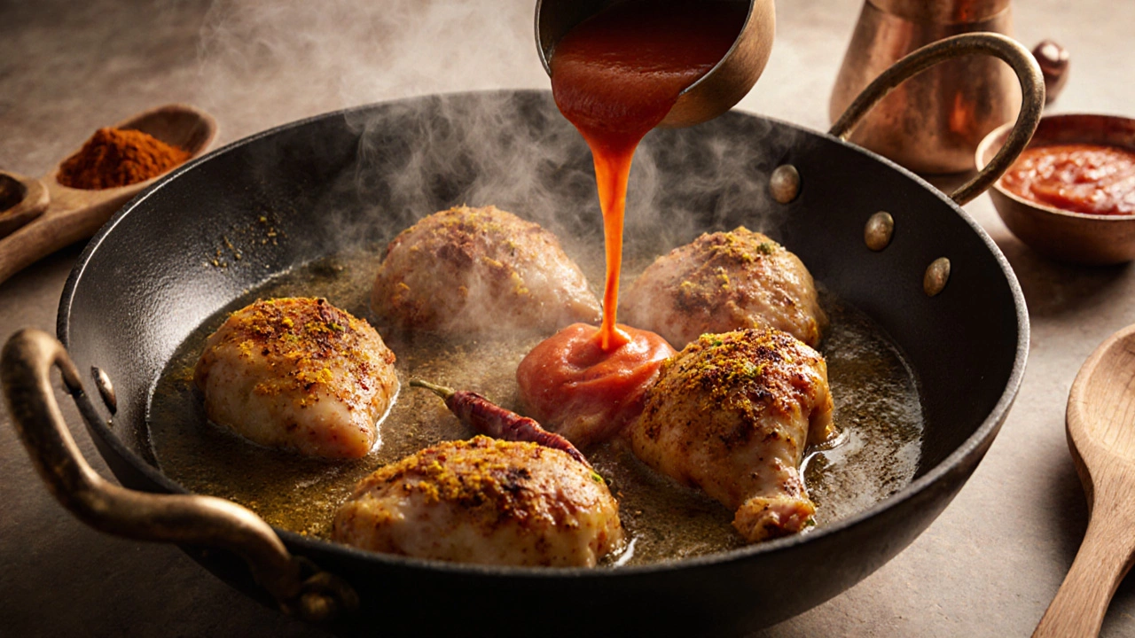 Chicken browning in a kadai with spices blooming in golden oil.