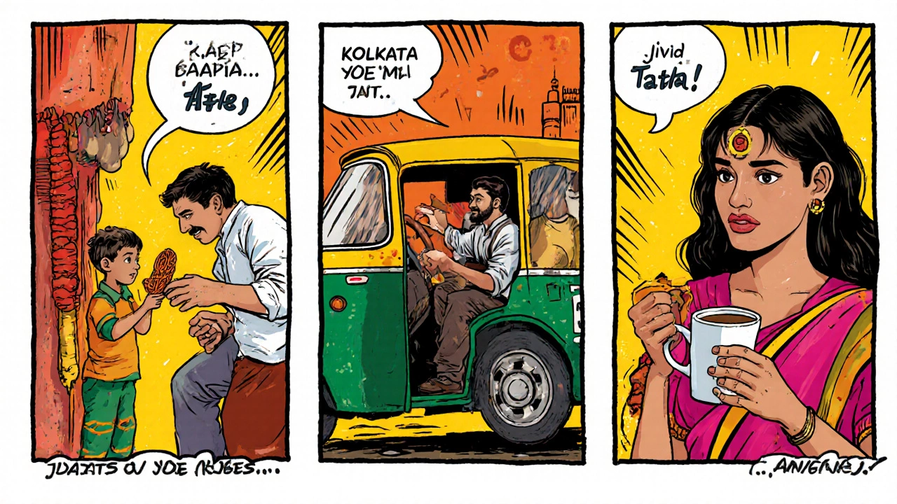 Comic-style panels showing three people across India saying &#039;Tata&#039; at street food stalls, auto-rickshaws, and chai counters.