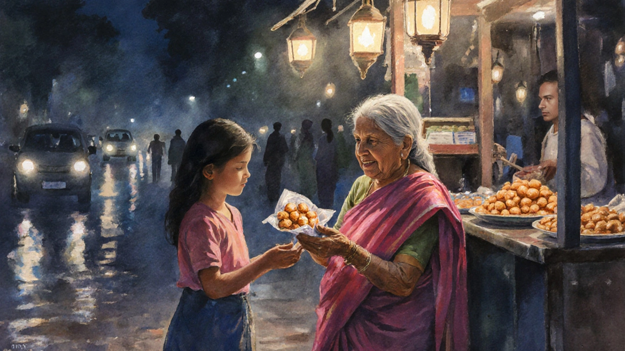 Elderly woman giving kachoris to a girl at a quiet night stall, exchanging a gentle &#039;Tata&#039; under warm lantern light.
