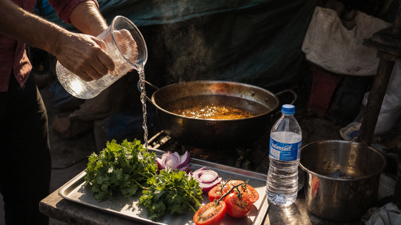 Hands washing fresh vegetables with filtered water at a clean Indian street food stall.