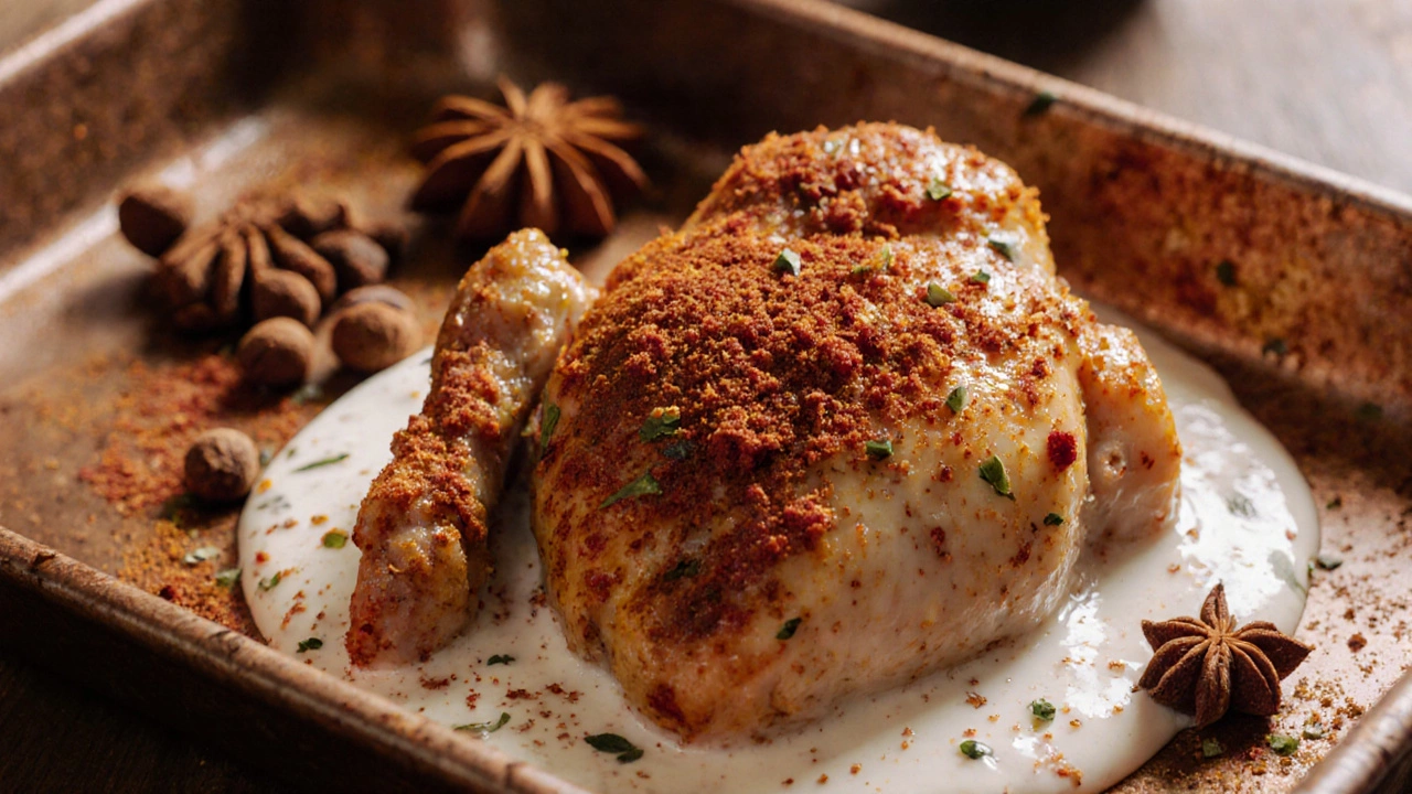 Juicy chicken thighs coated in rich red yogurt marinade with whole spices on a copper tray.