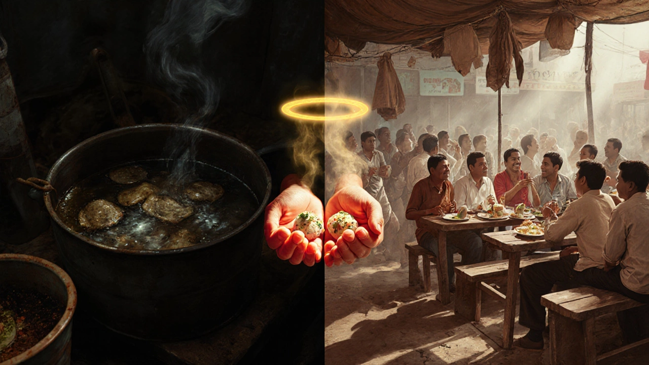 Split image contrasting dirty frying oil with a hygienic street food stall serving steaming idlis.